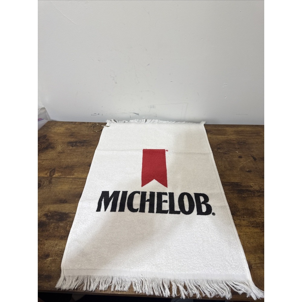VINTAGE MICHELOB BEER LOGO 16"x24" WHITE TERRY CLOTH GOLF TOWEL w/ Clasp